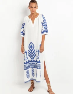 Feather Kaftan Dress - White and Blue