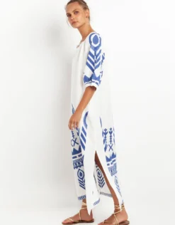 Feather Kaftan Dress - White and Blue