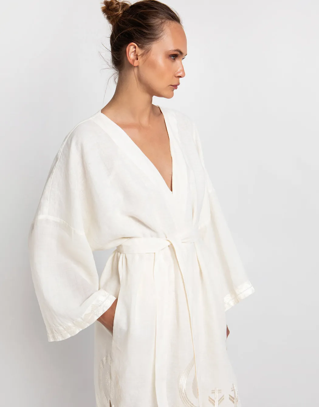 Feather Midi Kimono - Natural and Champagne