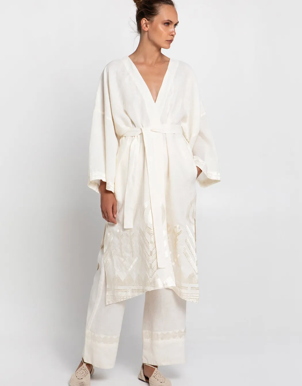 Feather Midi Kimono - Natural and Champagne