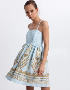 Feather Mini Dress - Ciel and Gold