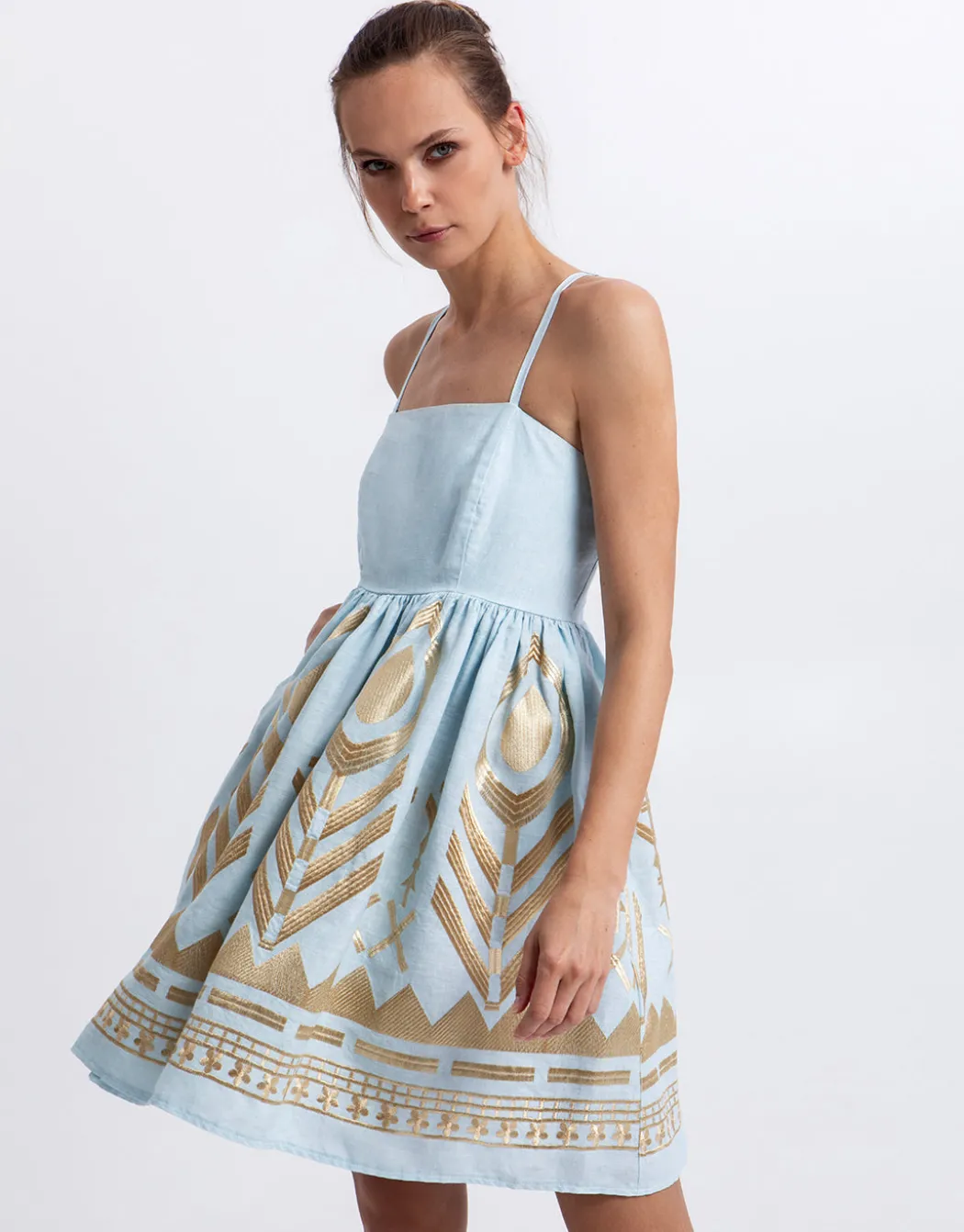 Feather Mini Dress - Ciel and Gold