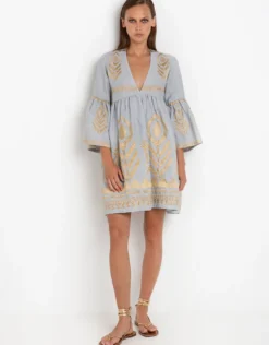 Feather Mini Dress - Light Grey and Gold