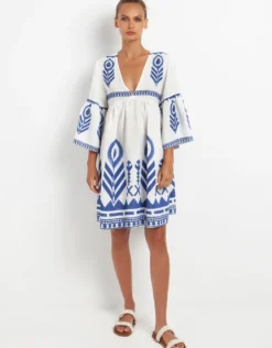 Feather Mini Dress - White and Blue
