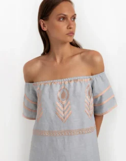 Feather Off The Shoulder Dress - Light Grey and Pink Bronze