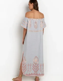 Feather Off The Shoulder Dress - Light Grey and Pink Bronze