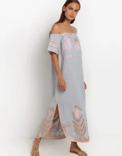 Feather Off The Shoulder Dress - Light Grey and Pink Bronze