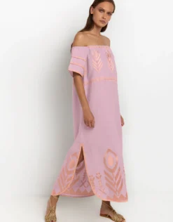 Feather Off The Shoulder Dress - Pink and Pink Bronze