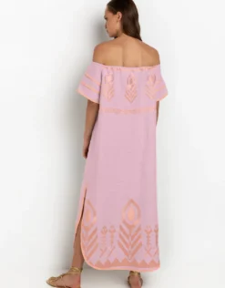Feather Off The Shoulder Dress - Pink and Pink Bronze
