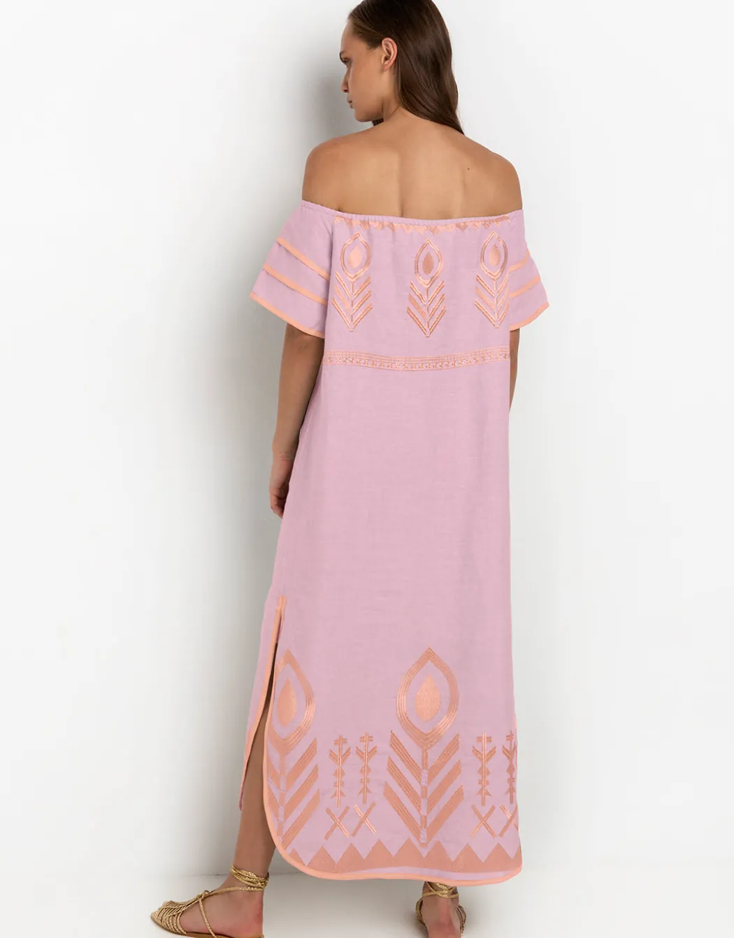 Feather Off The Shoulder Dress - Pink and Pink Bronze