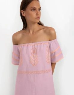 Feather Off The Shoulder Dress - Pink and Pink Bronze