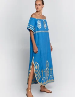 Feather Off The Shoulder Dress - Blue Raf and Gold