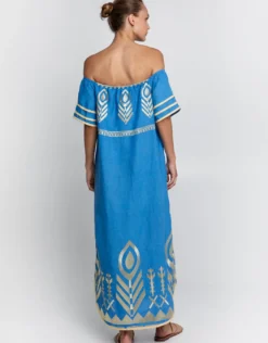 Feather Off The Shoulder Dress - Blue Raf and Gold