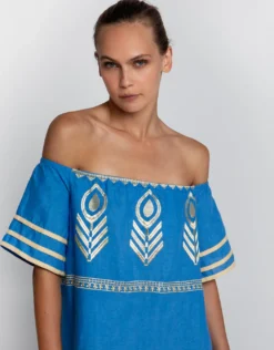 Feather Off The Shoulder Dress - Blue Raf and Gold