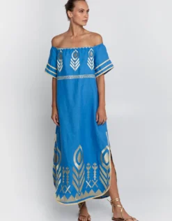 Feather Off The Shoulder Dress - Blue Raf and Gold