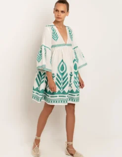 Feathers Mini Dress - White and Emerald