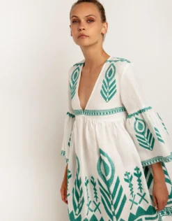Feathers Mini Dress - White and Emerald
