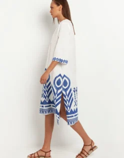 Feather V Neck Midi Kaftan - White and Blue