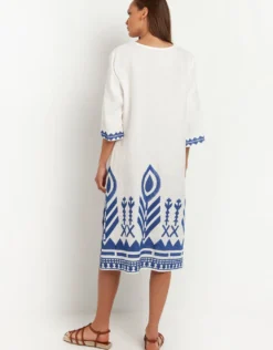 Feather V Neck Midi Kaftan - White and Blue