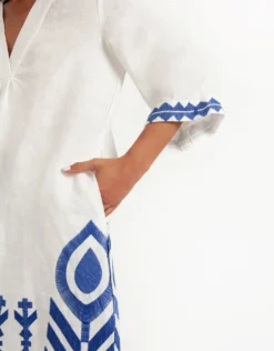 Feather V Neck Midi Kaftan - White and Blue