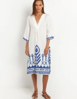 Feather V Neck Midi Kaftan - White and Blue