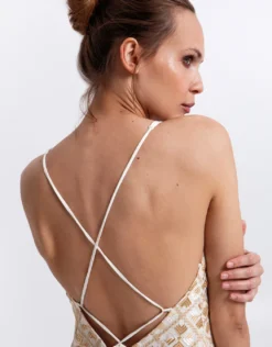 Flakes Strappy Criss Cross Back Dress - White and Gold with Champagne