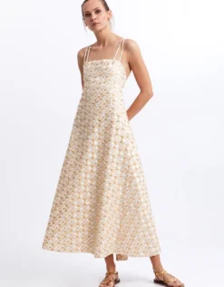 Flakes Strappy Criss Cross Back Dress - White and Gold with Champagne