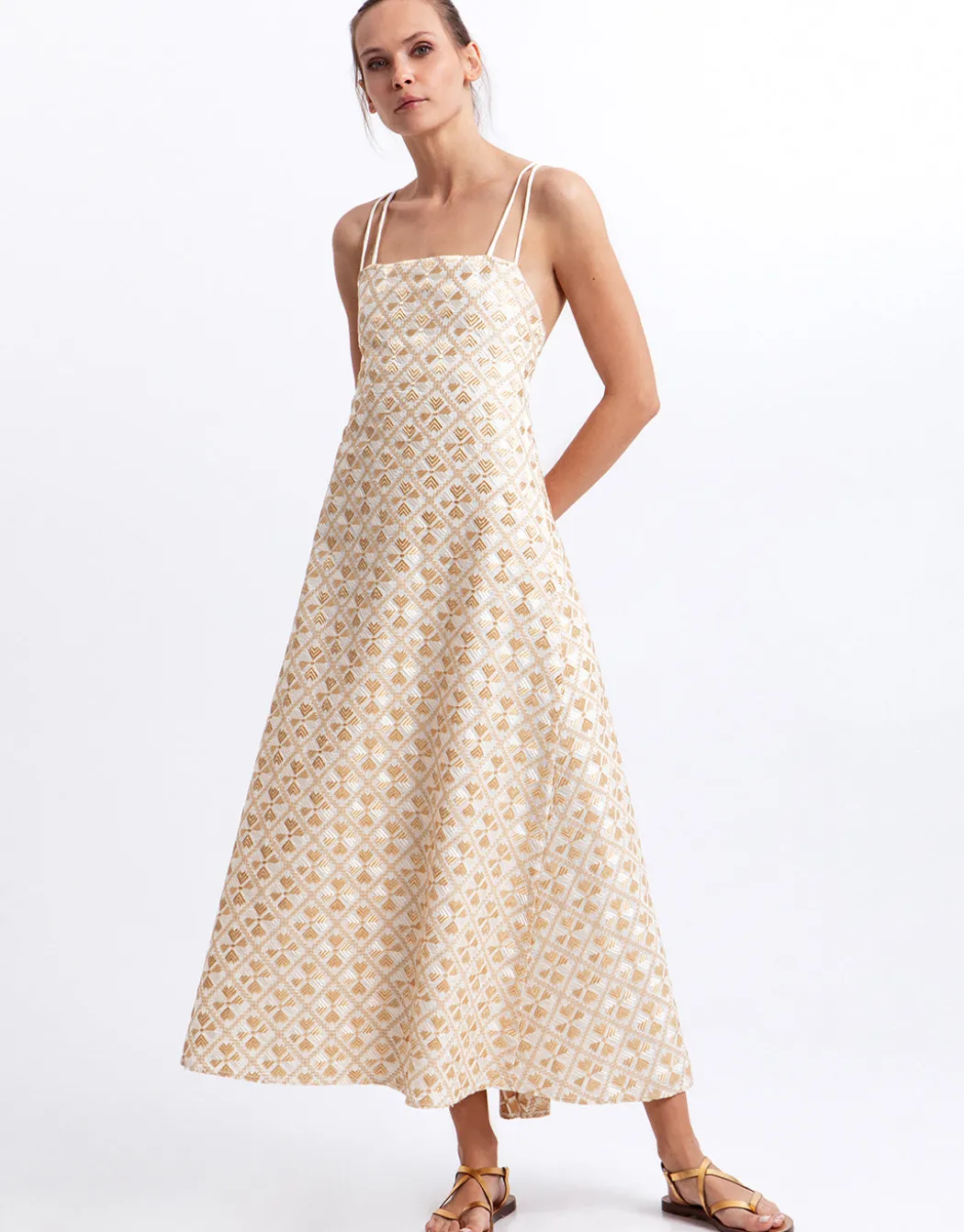 Flakes Strappy Criss Cross Back Dress - White and Gold with Champagne