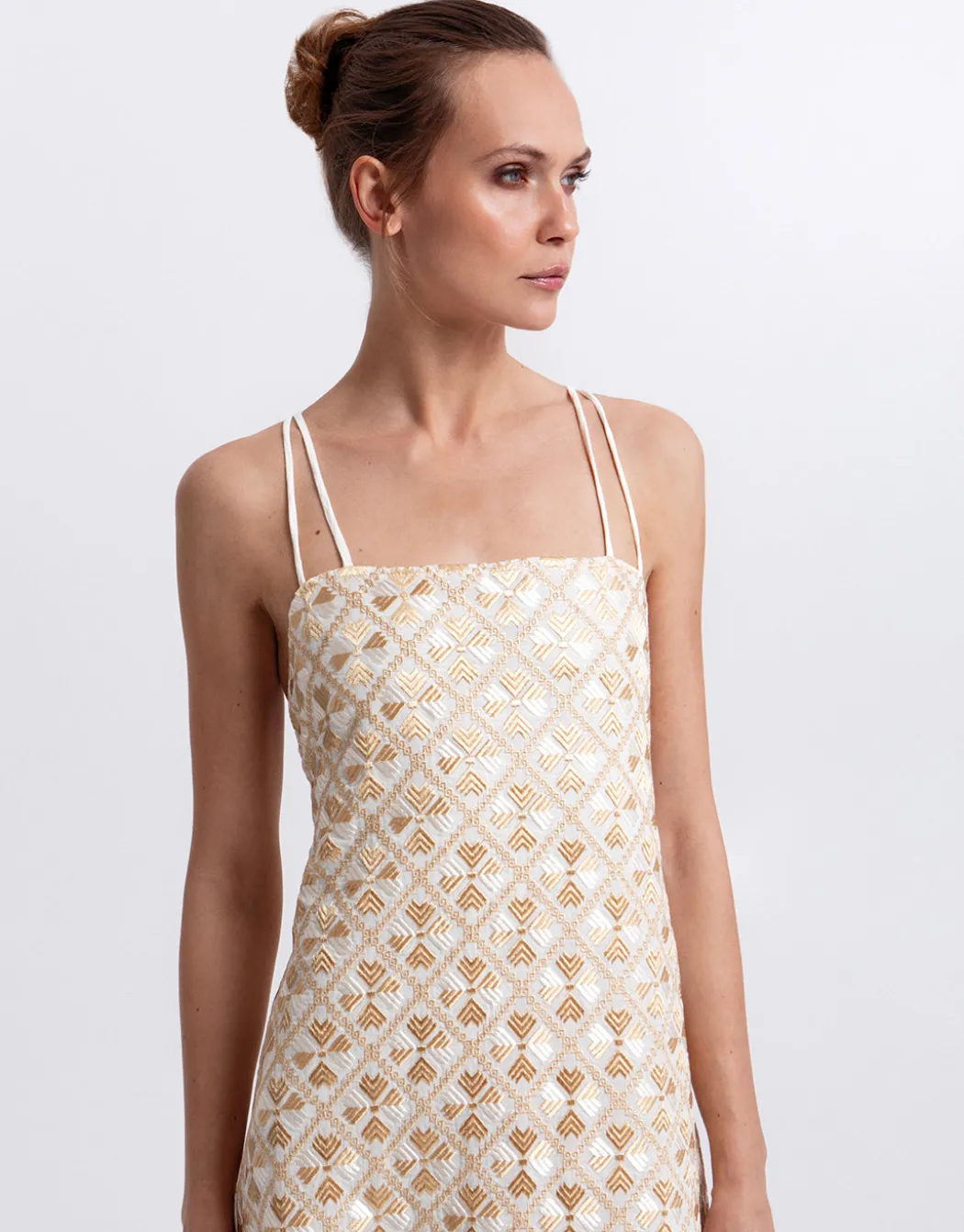 Flakes Strappy Criss Cross Back Dress - White and Gold with Champagne