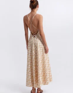 Flakes Strappy Criss Cross Back Dress - White and Gold with Champagne