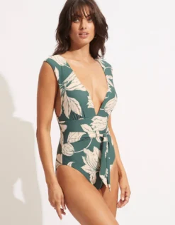 Fleur de Bloom V Neck Swimsuit - Evergreen