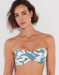 Floral Abstract Twist Bandeau Bikini Top - Puffy Sky
