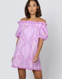 Ginko Print Off Shoulder Mini Dress with Ric-Rac - Violet and Peach