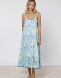 Ginko Print Swing Dress with Ric-Rac - Aqua and Blue