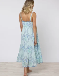 Ginko Print Swing Dress with Ric-Rac - Aqua and Blue