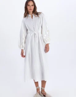 Ios Button Front Kaftan Dress - White and Champagne