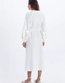 Ios Button Front Kaftan Dress - White and Champagne