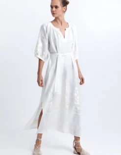 Ios Midi Kaftan Dress - White and Champagne