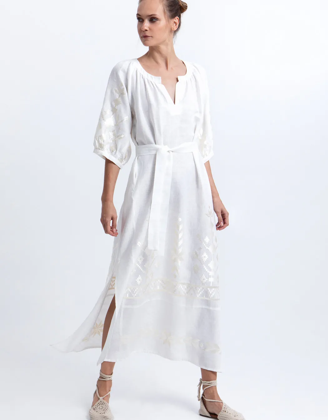 Ios Midi Kaftan Dress - White and Champagne