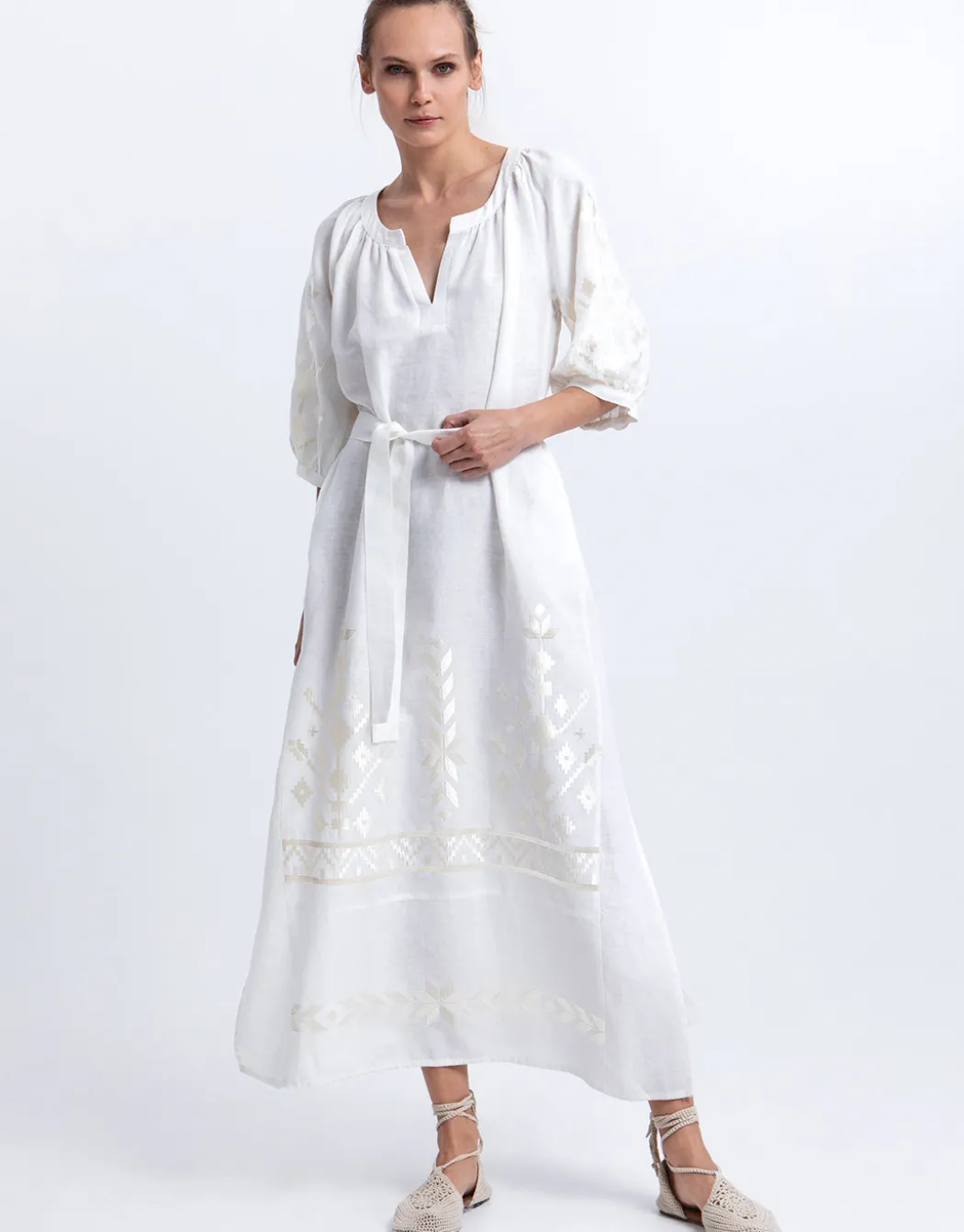 Ios Midi Kaftan Dress - White and Champagne