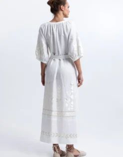 Ios Midi Kaftan Dress - White and Champagne
