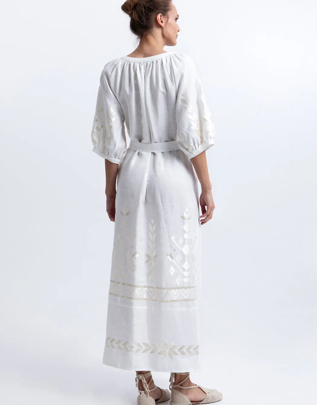 Ios Midi Kaftan Dress - White and Champagne