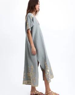 Ios Midi Kaftan - Light Grey and Gold