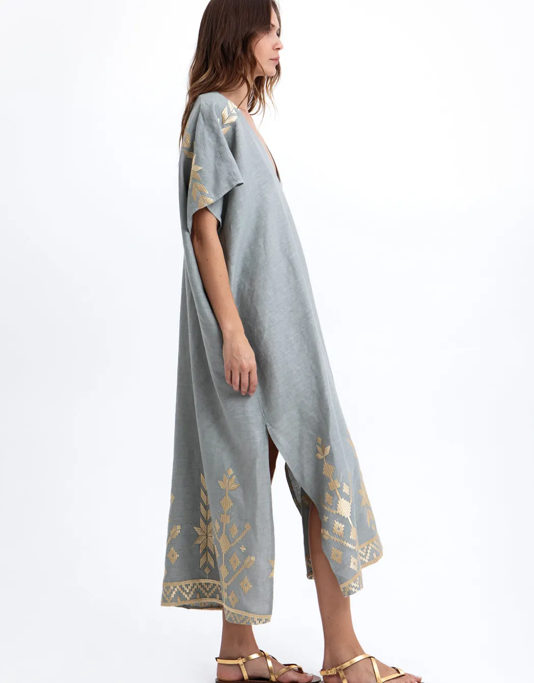 Ios Midi Kaftan - Light Grey and Gold