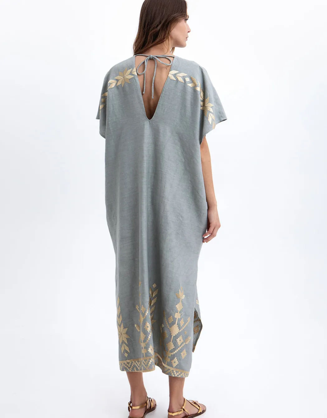 Ios Midi Kaftan - Light Grey and Gold