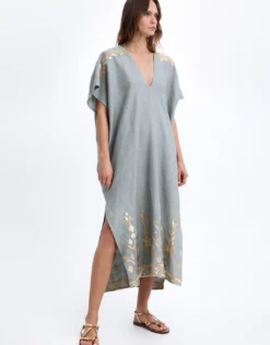Ios Midi Kaftan - Light Grey and Gold