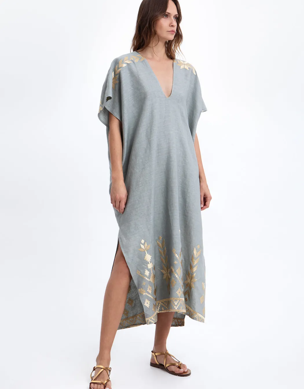 Ios Midi Kaftan - Light Grey and Gold