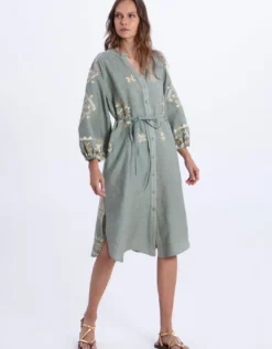 Lefkada Midi Shirt Dress - Sage and Gold