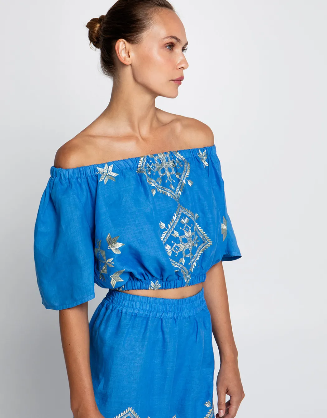 Lefkada Off the Shoulder Top - Blue Raf and Gold