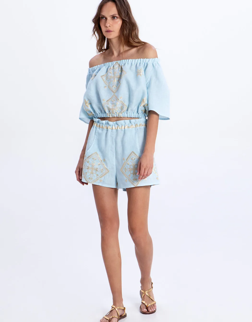 Lefkada Off the Shoulder Top - Ciel and Gold